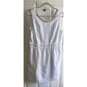 Ellen Tracy Sleeveless Dress V Back White Crochet Rhinestone Waist Beaded 12